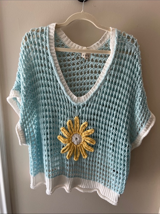 POL Sweaters - POL Light Blue Crochet Net Top